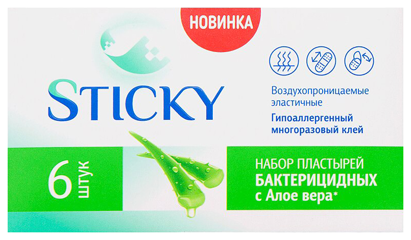 фото Пластырь бактерицидный sticky универсальный алоэ 1,9 х 7,2 см 6 шт.