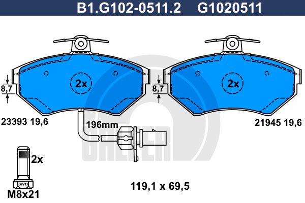

Комплект тормозных дисковых колодок GALFER B1.G102-0511.2