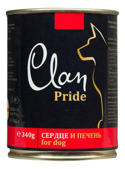 Консервы для собак Clan Pride, печень говяжья, сердце говяжье, 340г