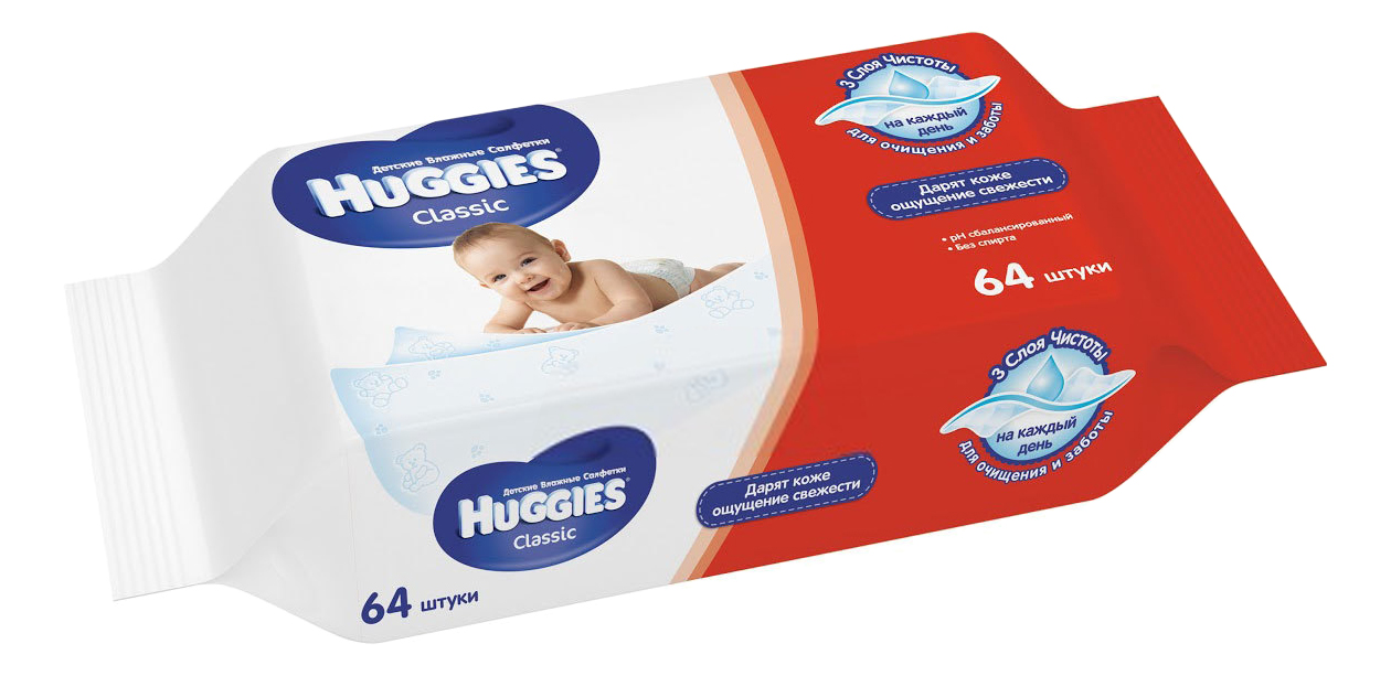 фото Салфетки влажные для детей huggies с алоэ и витамином е 64 шт.