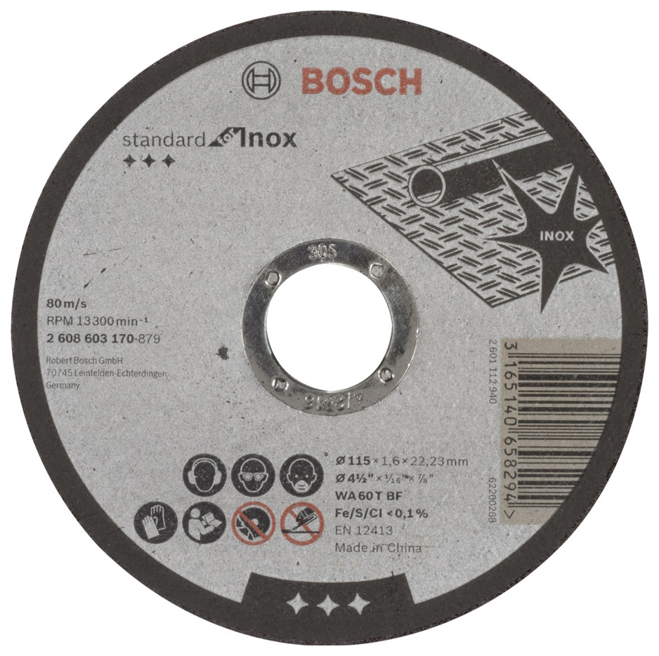 

Диск отрезной абразивный Bosch Standard по нерж 115х1,6 прям 2608603170 50 шт, standard for Inox 115х1,6 прям 2608603170