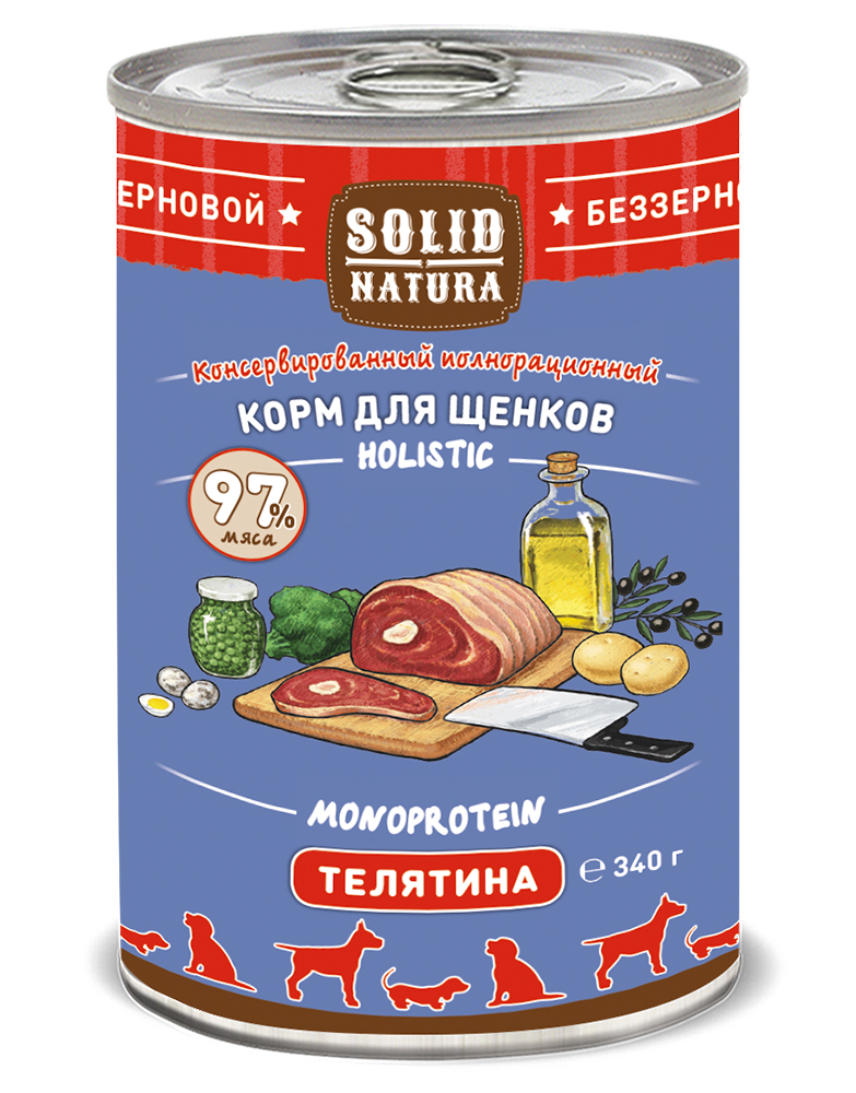 

Консервы для щенков SOLID NATURA Holistic, телятина, 340г, Holistic