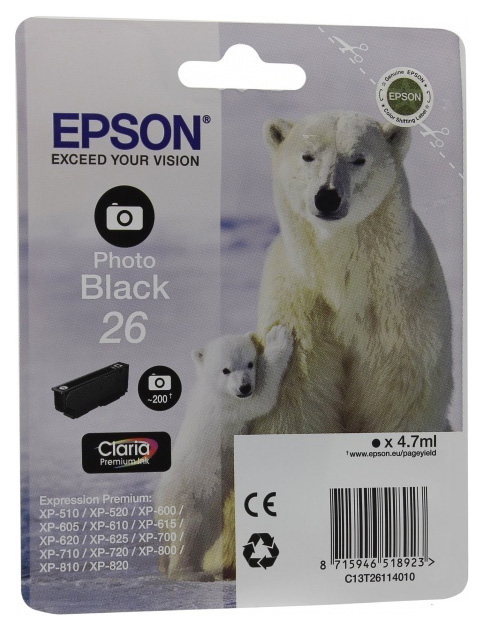 Картридж для струйного принтера Epson T2611 (C13T26114012) черный, оригинал