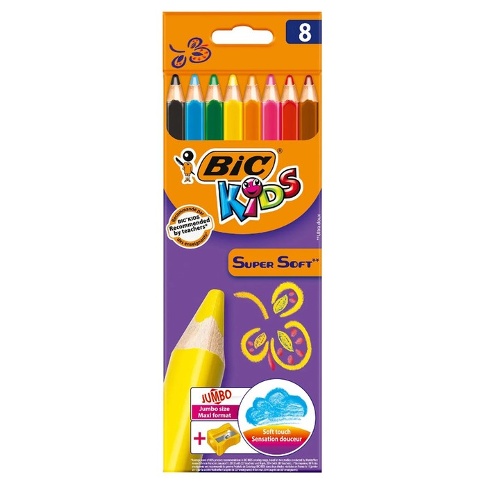 фото Карандаши 8ов, bic supersoft jumbo, детские, утолщенные, ударопрочный грифель 4.4 мм. трех