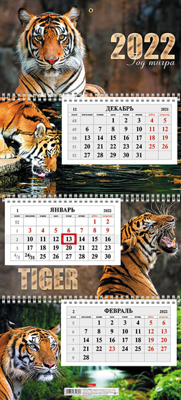 

Календарь квартальный Год Тигра на 2022 год на гребне 29,7 х 17 см