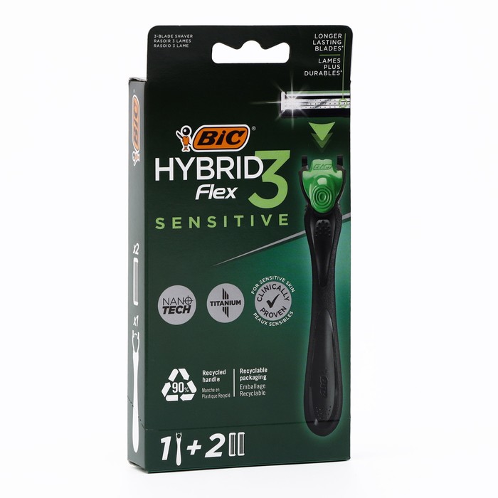 Станок для бритья мужской BIC Hybrid 3 Flex Sensitive + 2 сменные кассеты с 3 лезвиями, 1 станок для бритья bic sensitive 3 4 шт