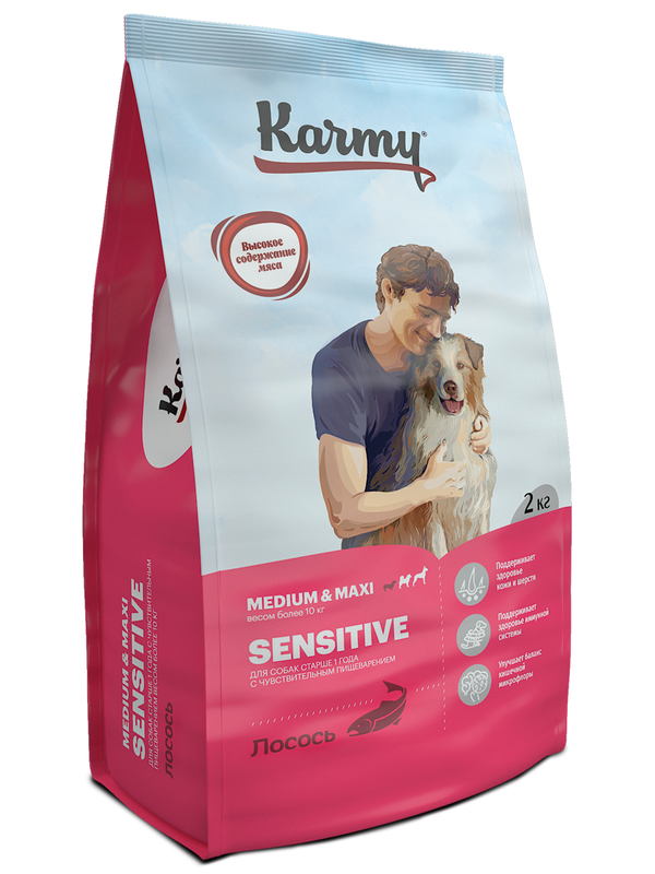 Сухой корм для собак KARMY SENSITIVE MEDIUM&MAXI средних и крупных пород лосось 2шт по 2кг