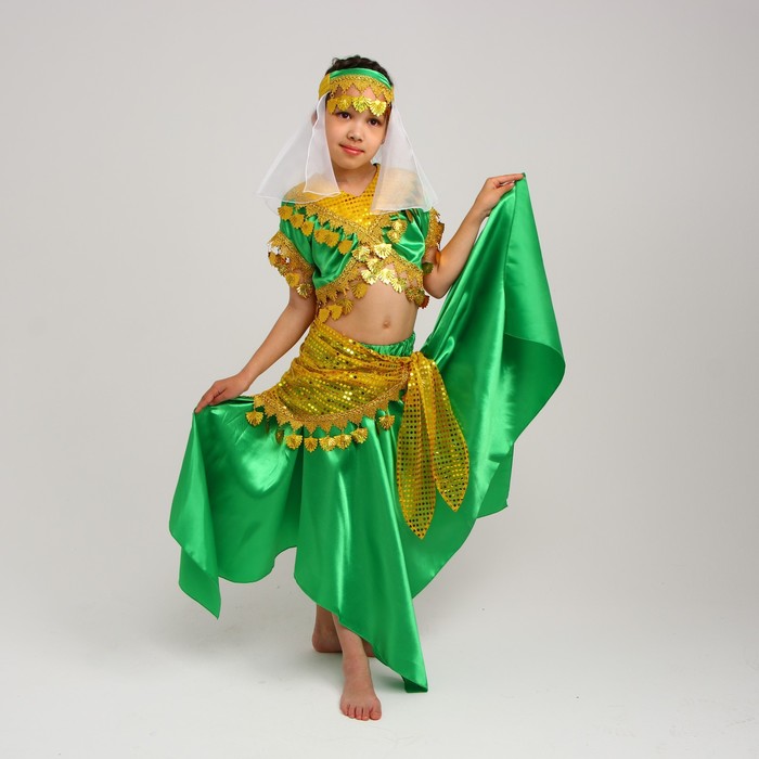 Карнавальный костюм Восточный Азиза в юбкезелено-желтый,блузка,юбка,косынка,повязка,р-р34,
