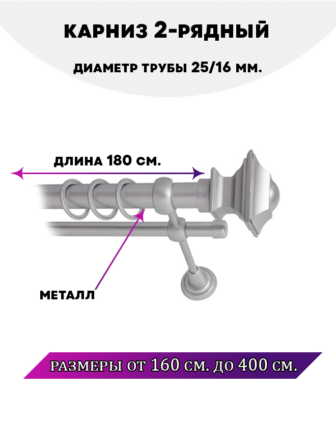 

Карниз металлический Lux Decor Фаворит 2-рядный гладкий D-2516 мм 18 м, Серый, Фаворит