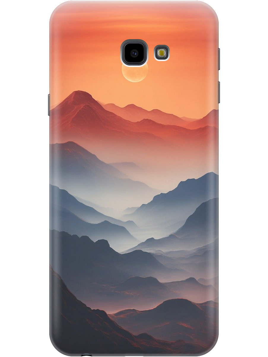 

Силиконовый чехол на Samsung Galaxy J4+ с принтом "Луна над горами", Прозрачный;оранжевый;черный, 719355710