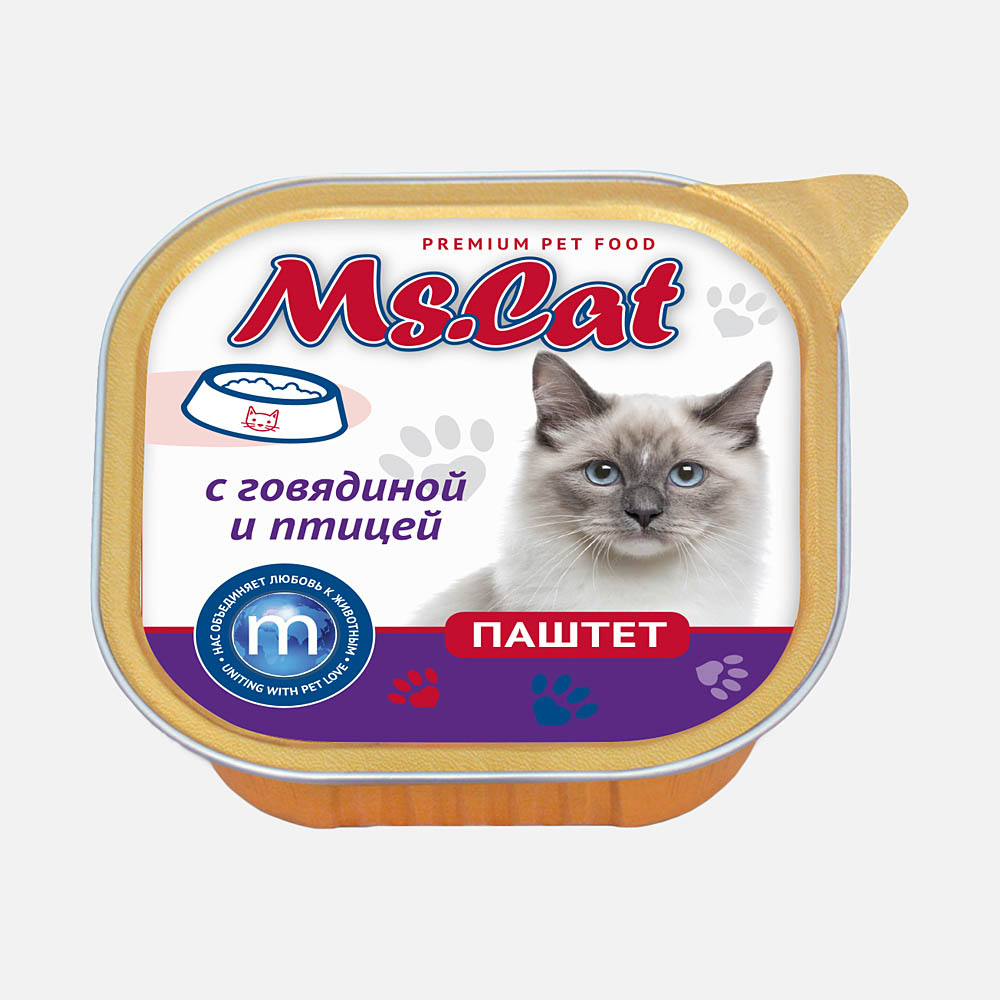 

Влажный корм для кошек Ms.Cat с говядиной и птицей, 100 г, говядина, курица 100 г