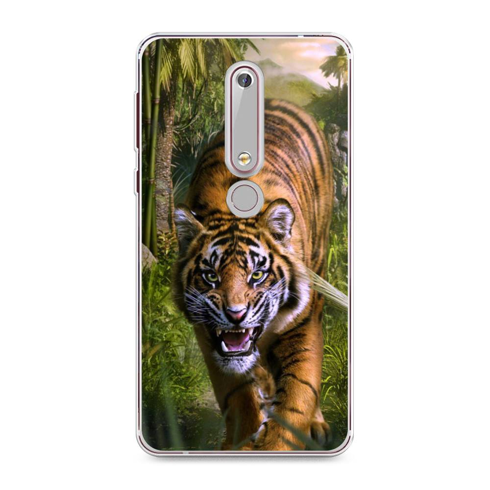 

Чехол на Nokia 6.1 2018 "Тигр в джунглях 2", Оранжевый;зеленый, 120950-1