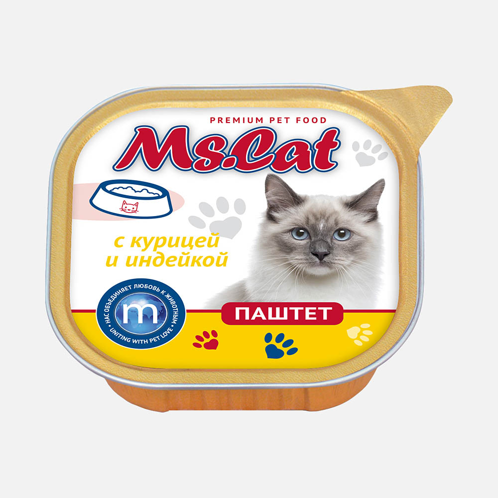 

Влажный корм для кошек Ms.Cat с курицей и индейкой, 100 г, индейка, курица 100 г