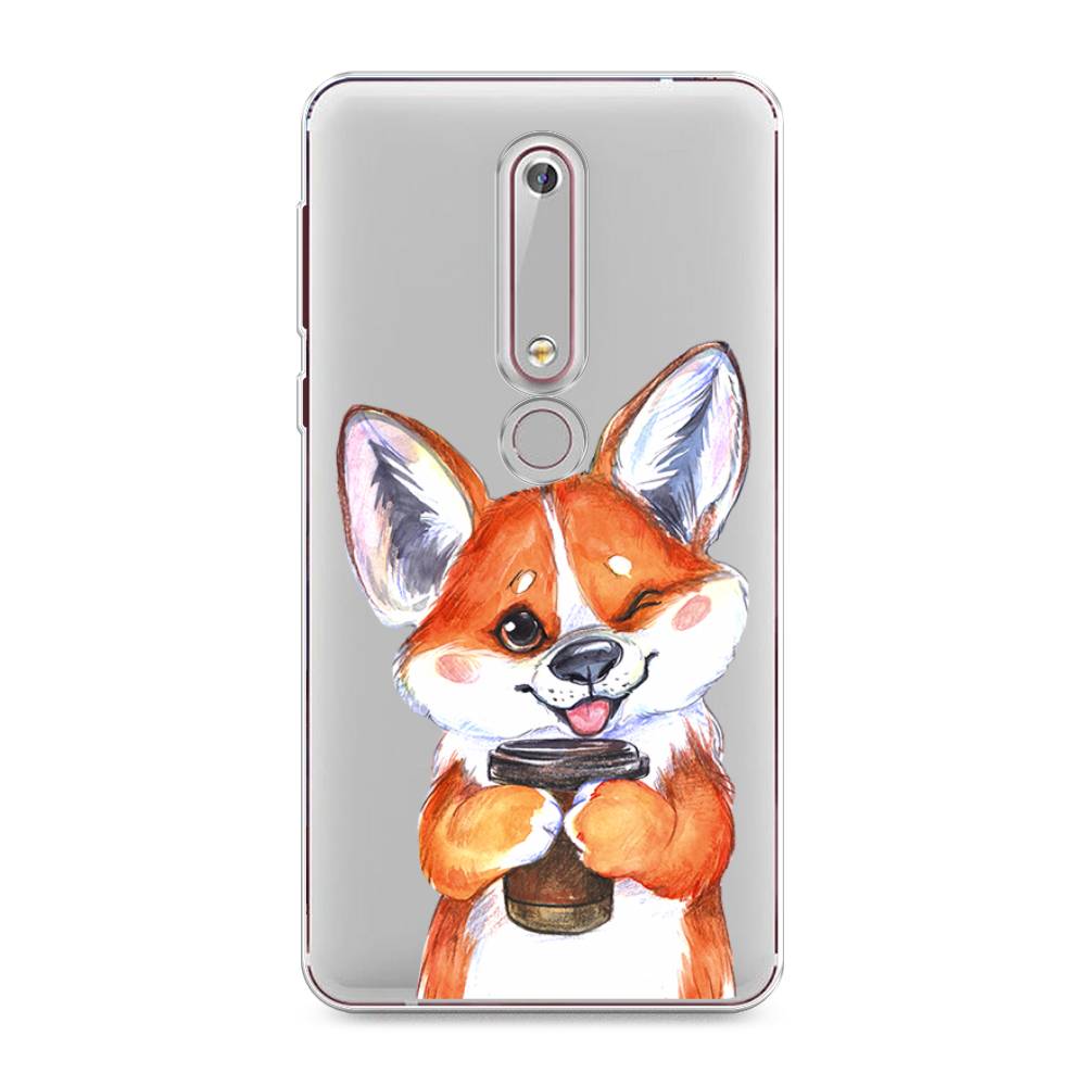 

Чехол на Nokia 6.1 2018 "Корги с кофе", Оранжевый;белый, 120950-4