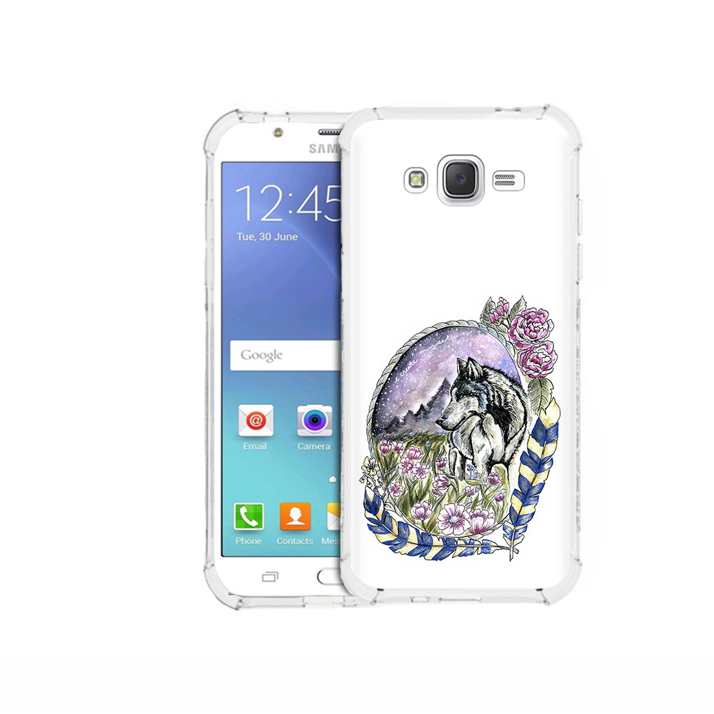 

Чехол MyPads Tocco для Samsung Galaxy J5 (2015) нарисованный волк в цветах с перьями, Прозрачный, Tocco