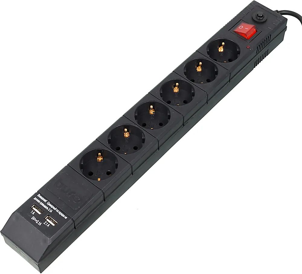 Сетевой фильтр Buro BU-SP5_USB_2A-B, 5-метровый, черного цвета.