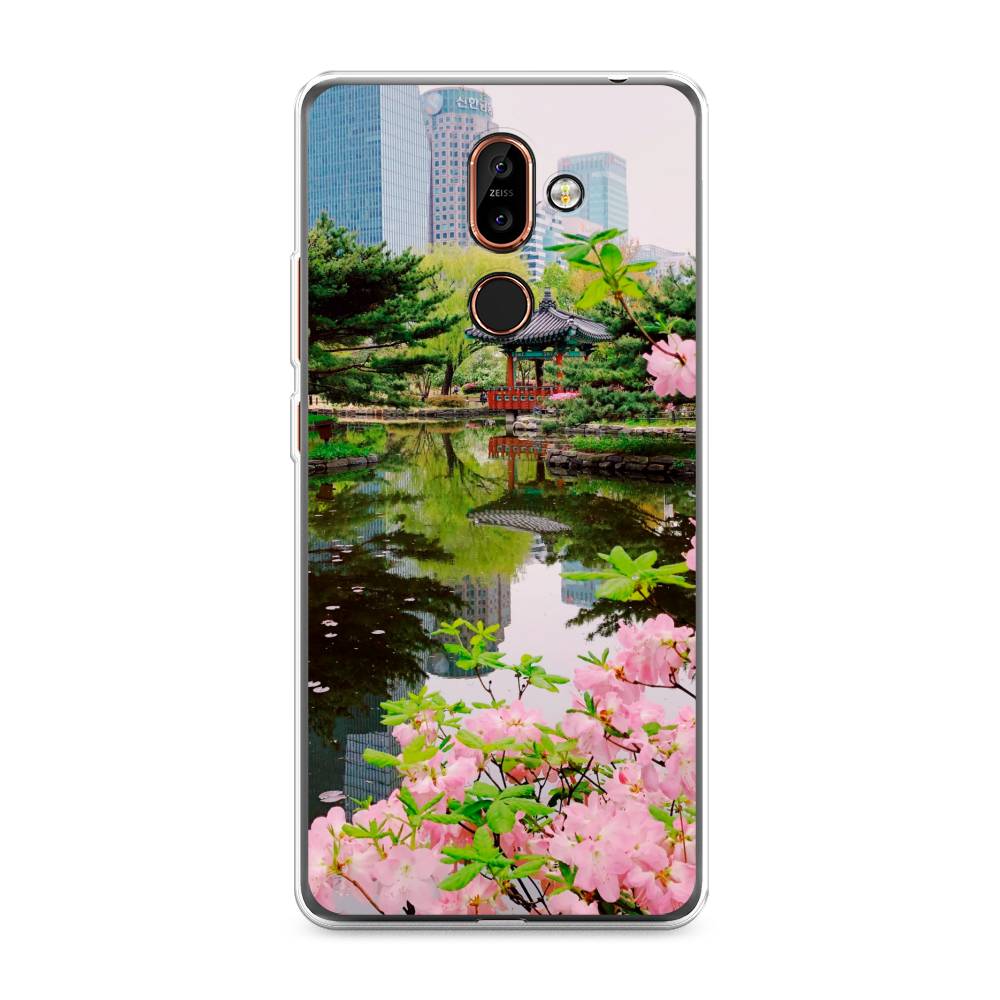 

Чехол на Nokia 7 Plus "Сакура возле озера", Зеленый;розовый;голубой, 121050-2