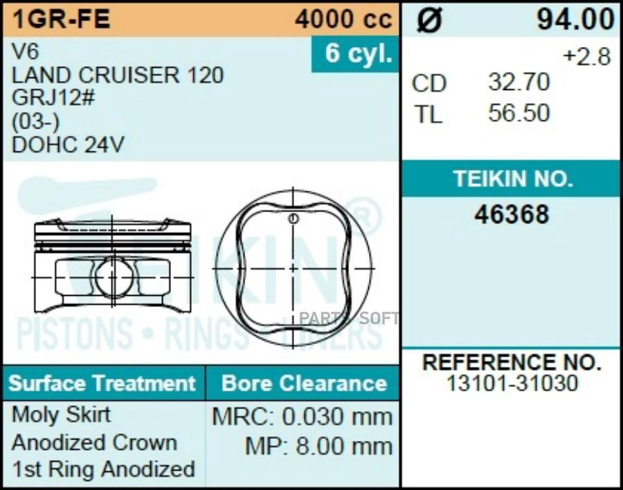 

Поршень без колец toyota 1gr-fe d94.0+0.5 teikin