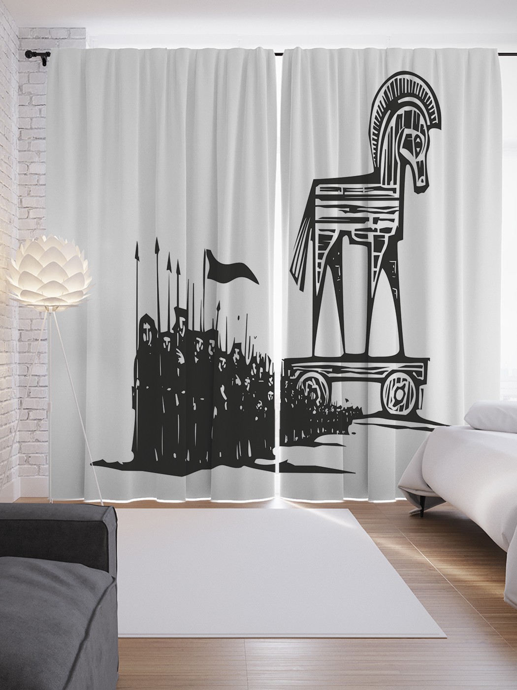 

Шторы с фотопечатью JoyArty "Графический троянский конь" из сатена, 290х265 см, Графический троянский конь