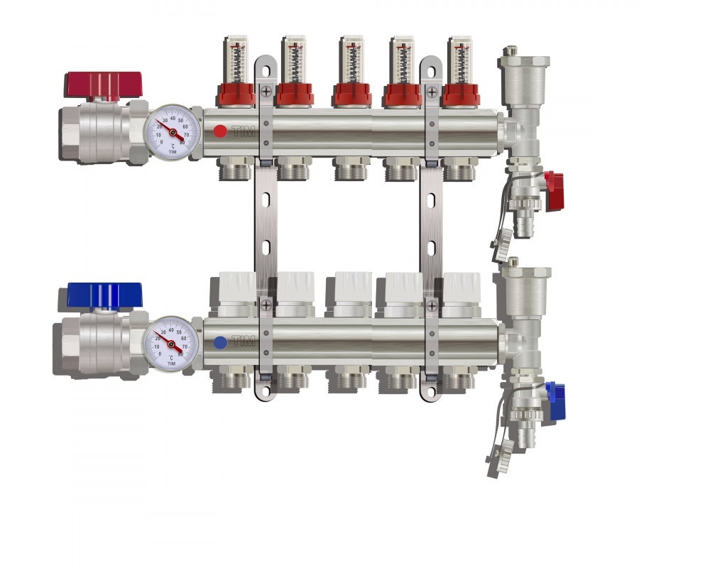 Коллектор для тёплого пола с расходомерами Tim на 5 выходов из латуни