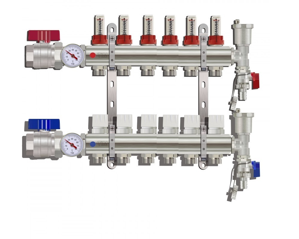 Коллектор для тёплого пола с расходомерами Tim на 6 выходов из латуни
