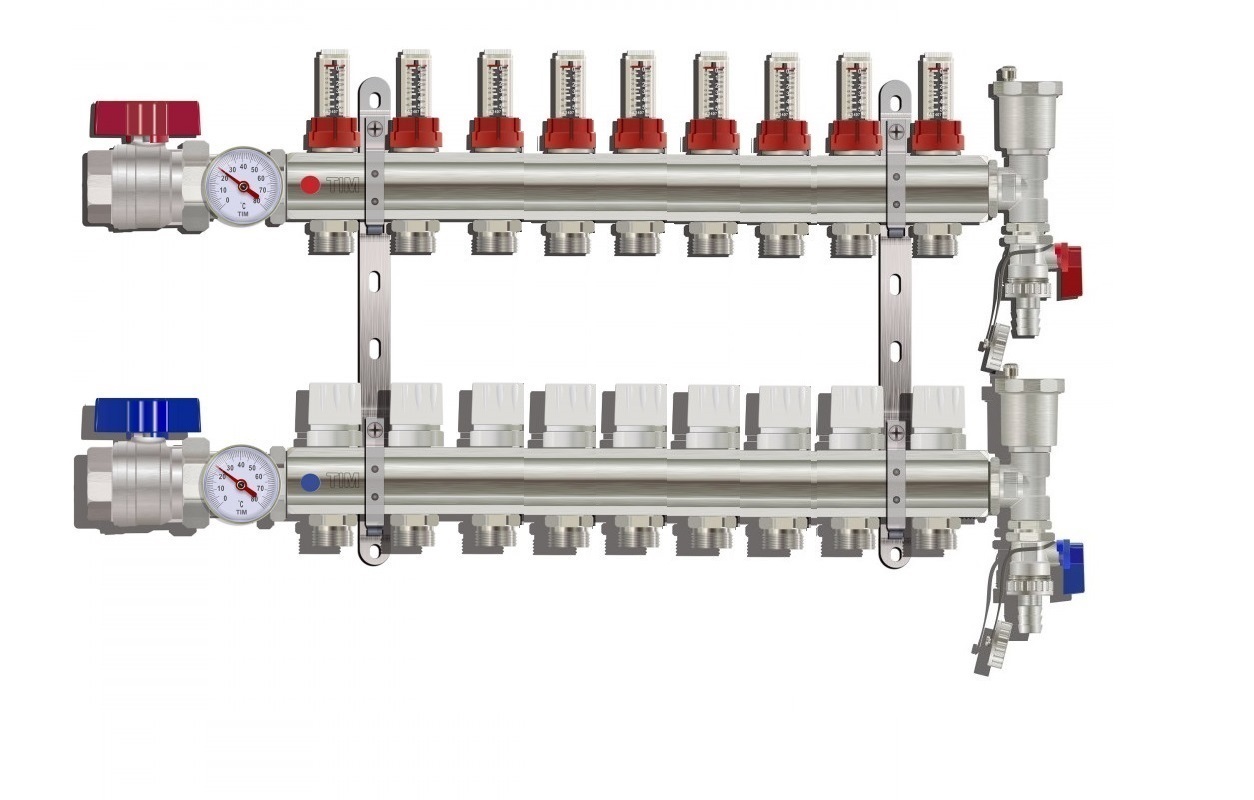 Коллектор для тёплого пола с расходомерами Tim на 9 выходов из латуни