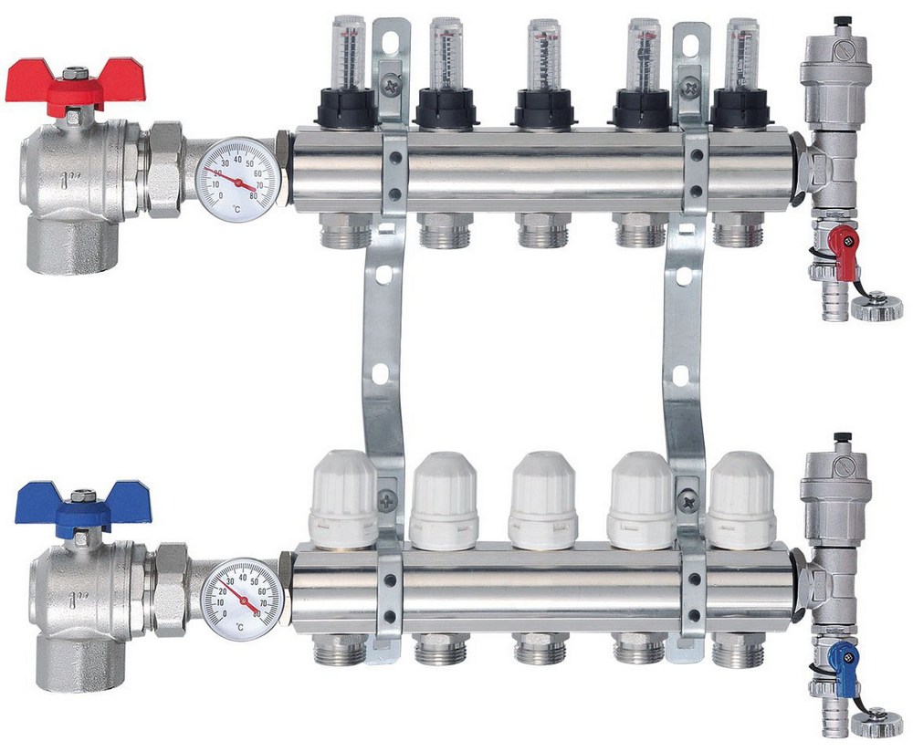 Коллектор для тёплого пола с расходомерами Tim на 10 выходов из латуни