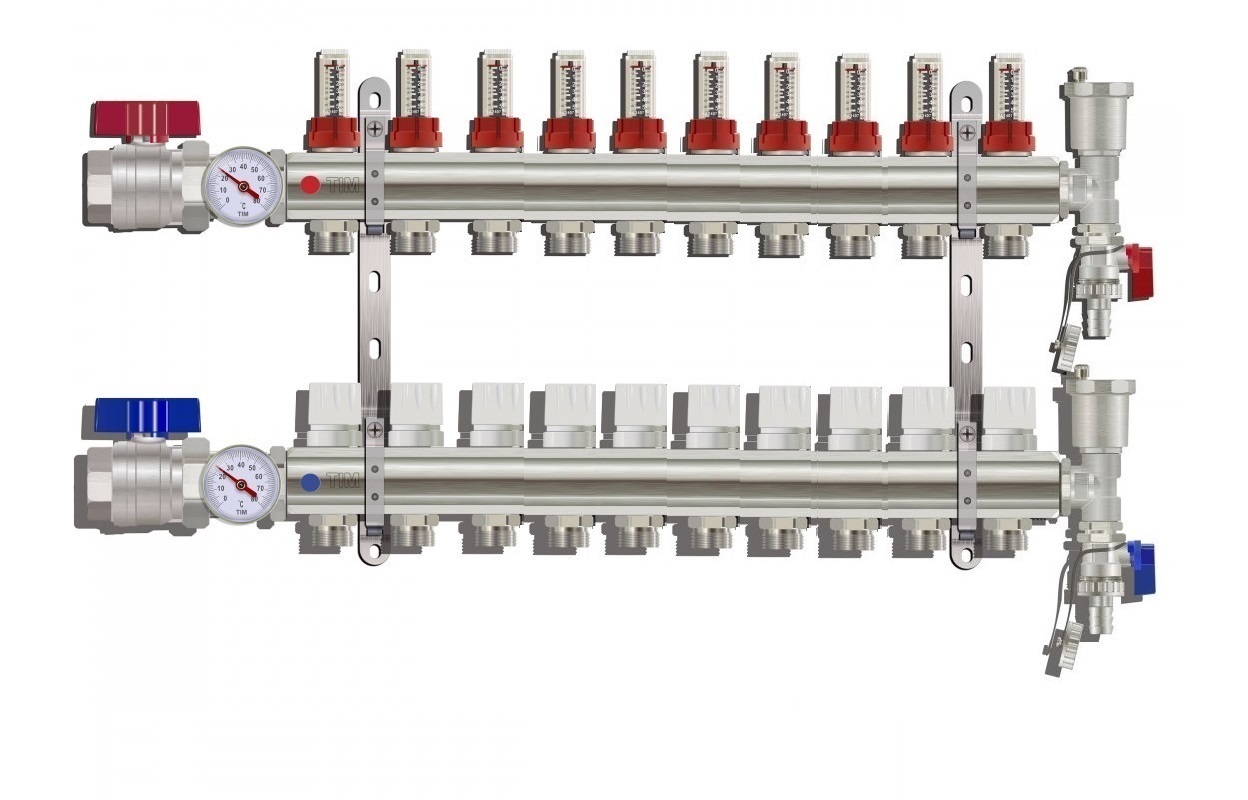 фото Коллектор для тёплого пола с расходомерами tim на 10 выходов из латуни