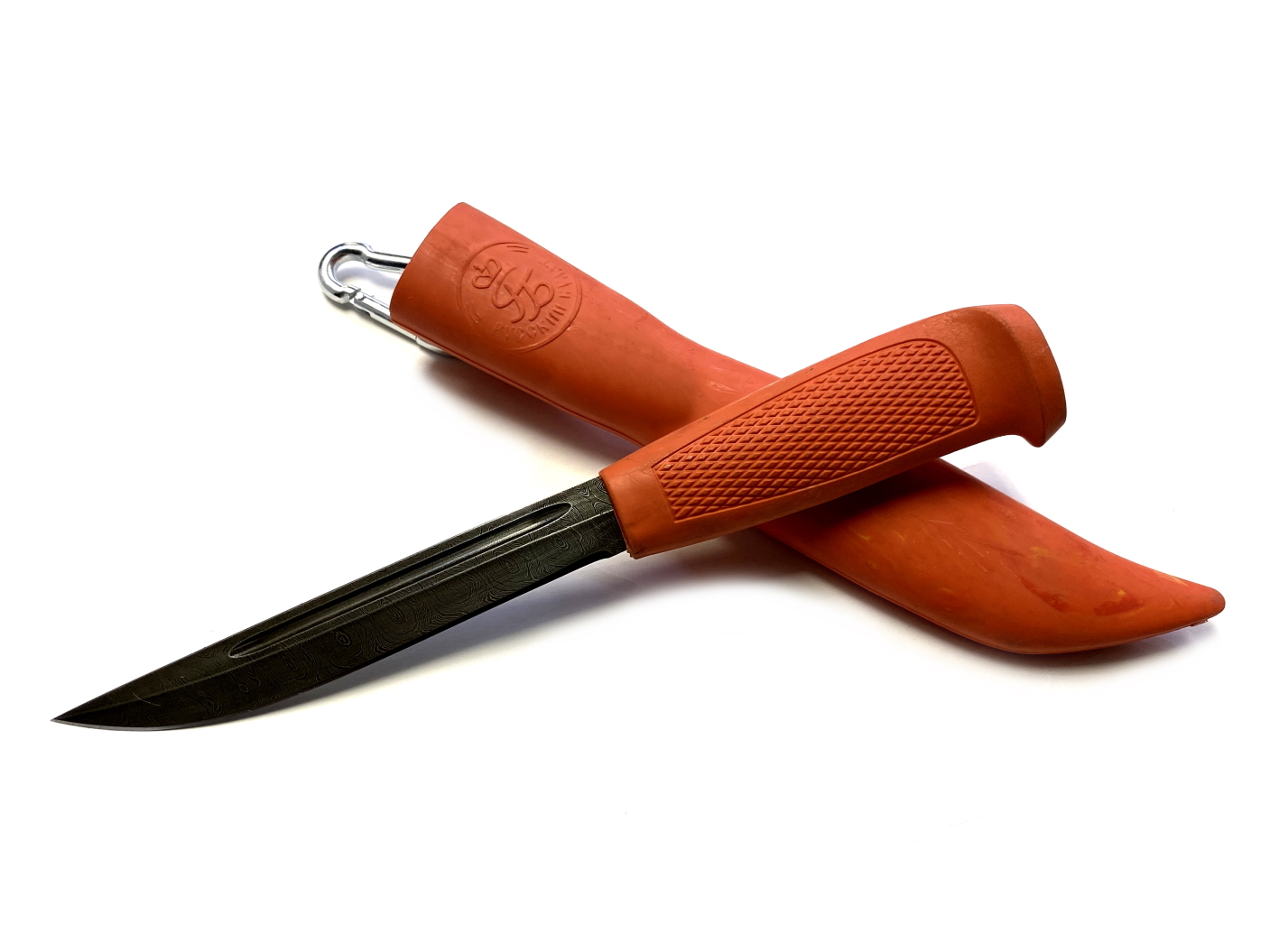 Нож Русский булат Финка 043, дамасская сталь, резинопластик (цвет оранжевый)