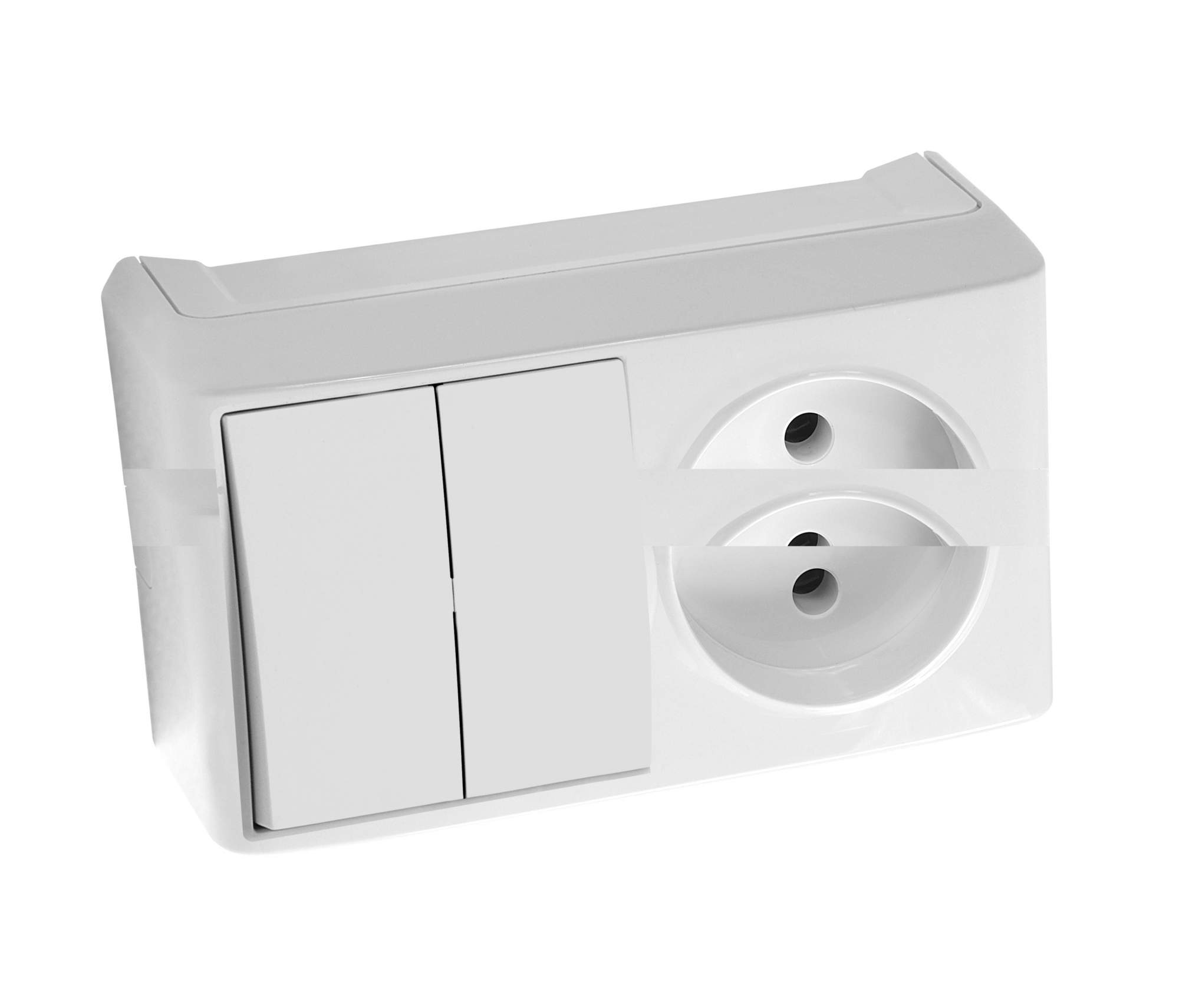 Блок комбинированный Viko двойной выключатель с розеткой, белый накладной, 90681189