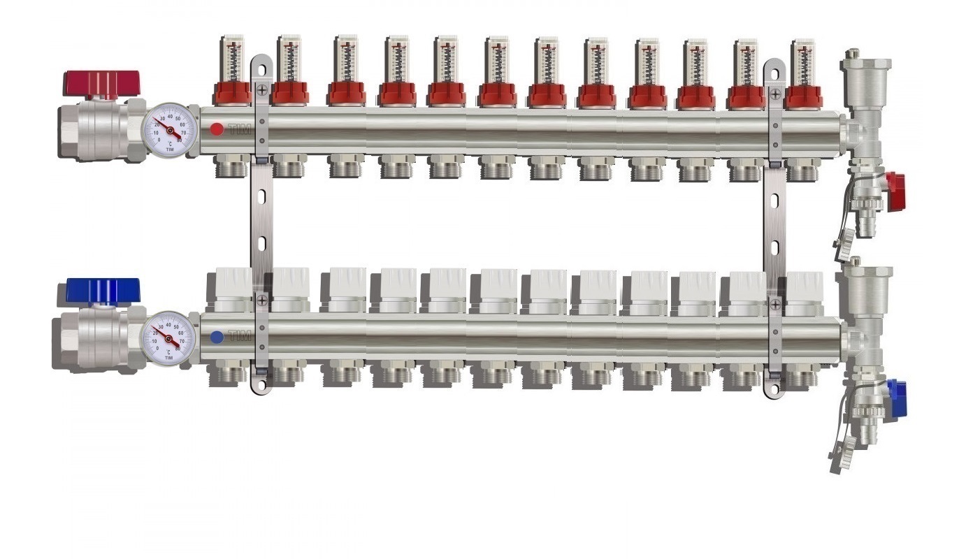 Коллектор для тёплого пола с расходомерами Tim на 12 выходов из латуни этажный коллектор контур