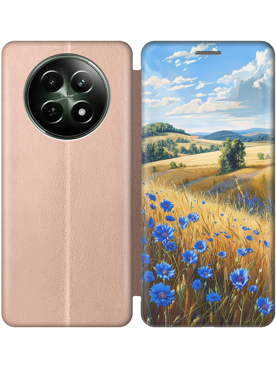 

Чехол-книжка на Realme 12 5g с принтом "Поле васильков" золотой, Золотистый;голубой;бежевый, 783982621