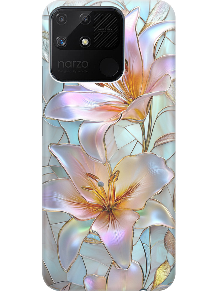 

Силиконовый чехол на Realme narzo 50A с принтом "Витраж с лилиями", Прозрачный;белый;голубой;розовый, 740189923