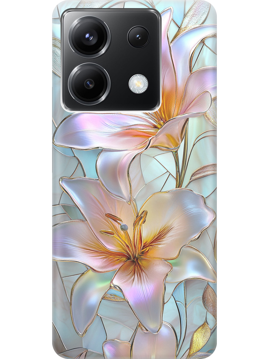 

Силиконовый чехол на Xiaomi Redmi Note 13 Pro 5G / Poco X6 5G с принтом "Витраж с лилиями", Прозрачный;белый;голубой;розовый, 779827923