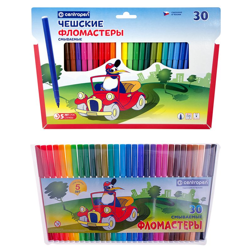 

Фломастеры Centropen Пингвины, 30цв., смываемые, картон.упак.с европодвесом ПВХ