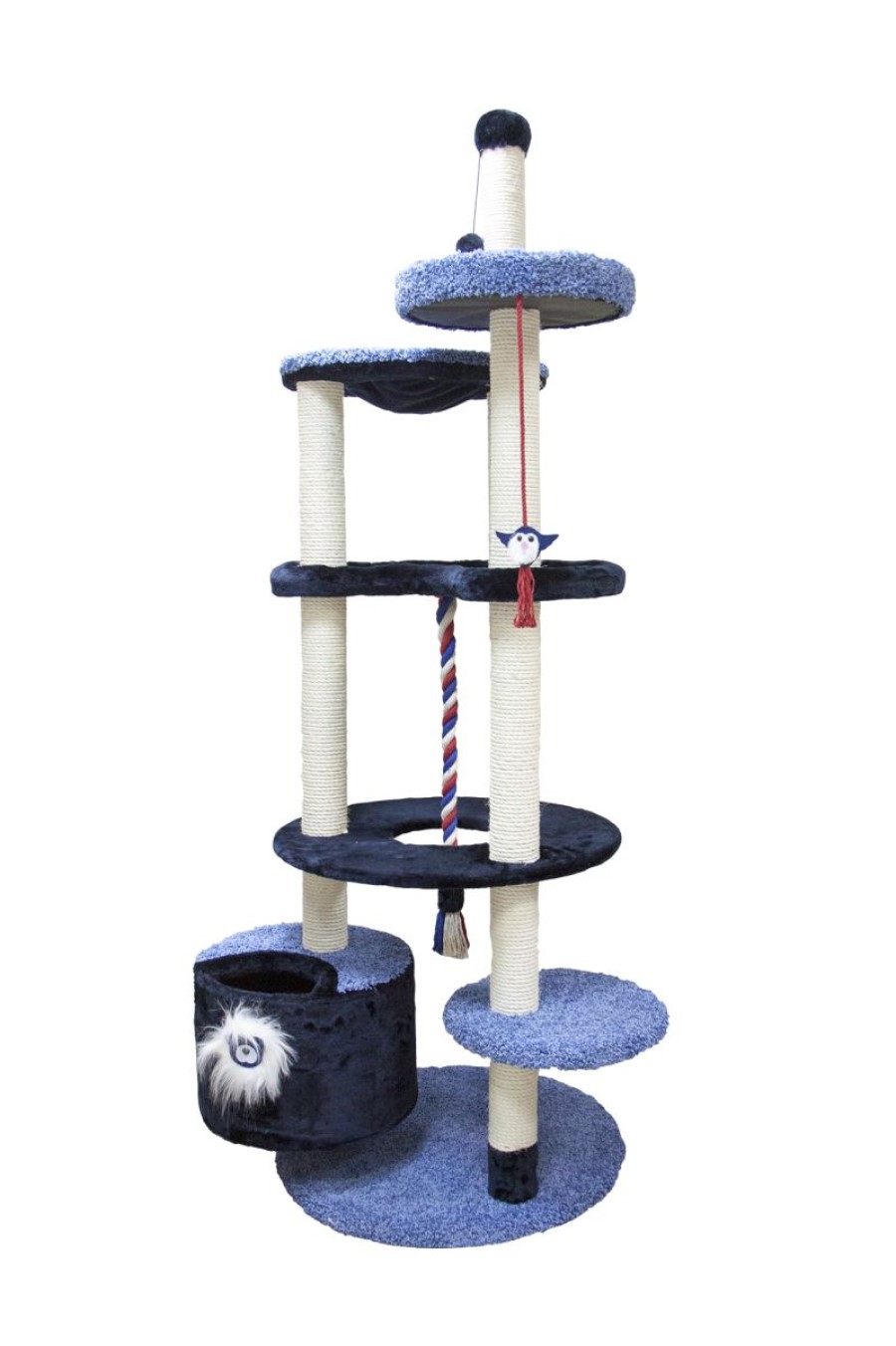 Комплекс для кошек Зооник, многоуровневый, мех+ковролин, синий, 96х84х221см