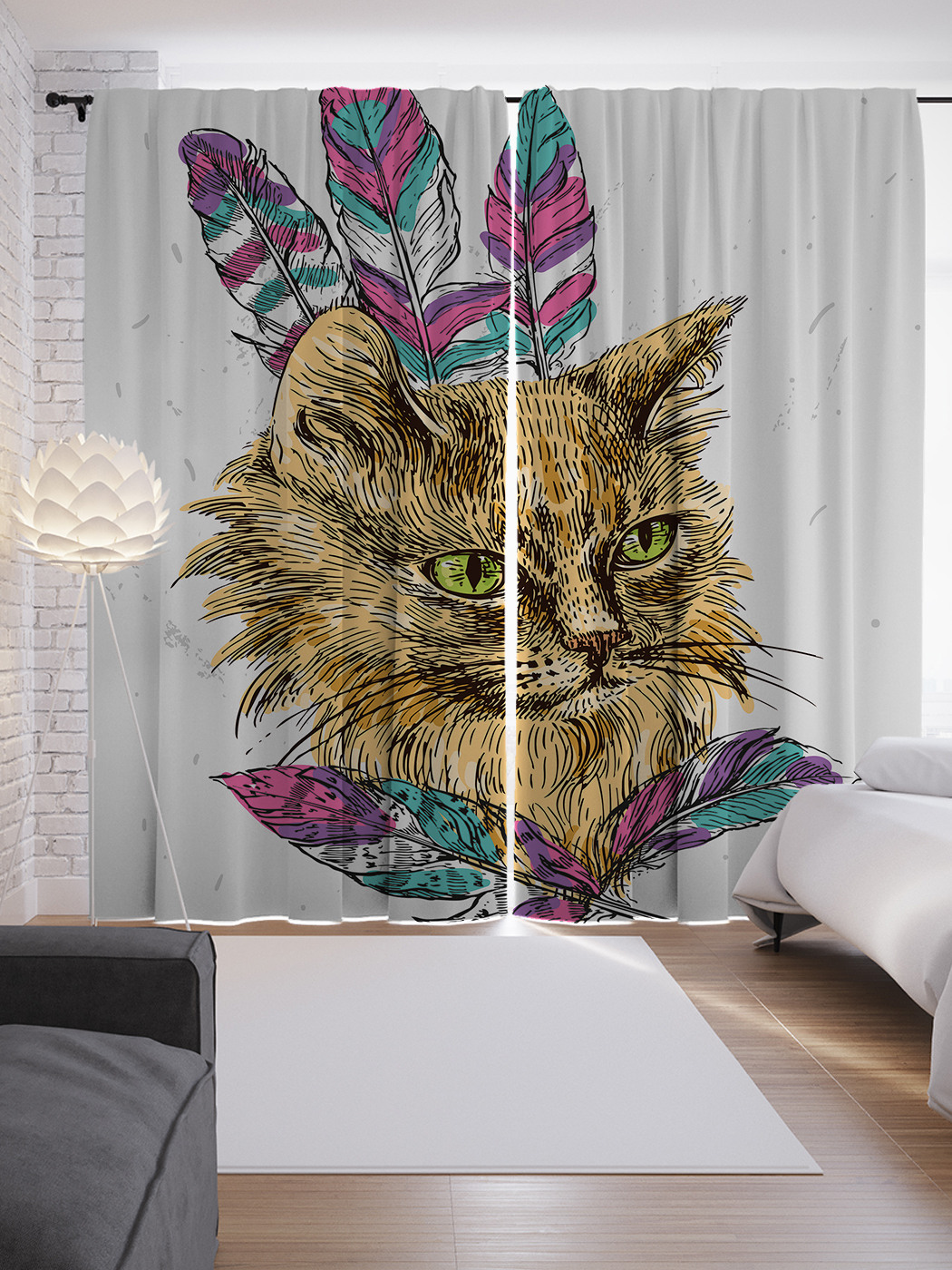 

Шторы JoyArty с фотопечатью "Кот с перьями" из сатена, 290х265 см, Кот с перьями