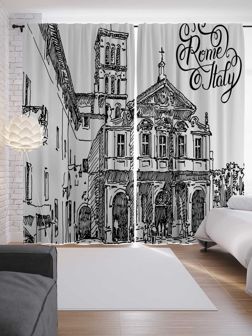 фото Шторы joyarty с фотопечатью "серый эскиз домов" из сатена, 290х265 см