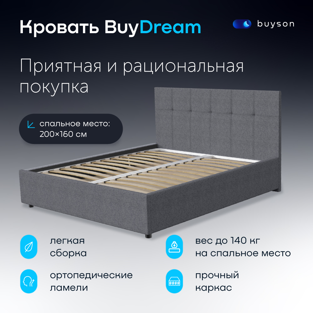 фото Двуспальная кровать buyson buydream 200х160, серая, рогожка