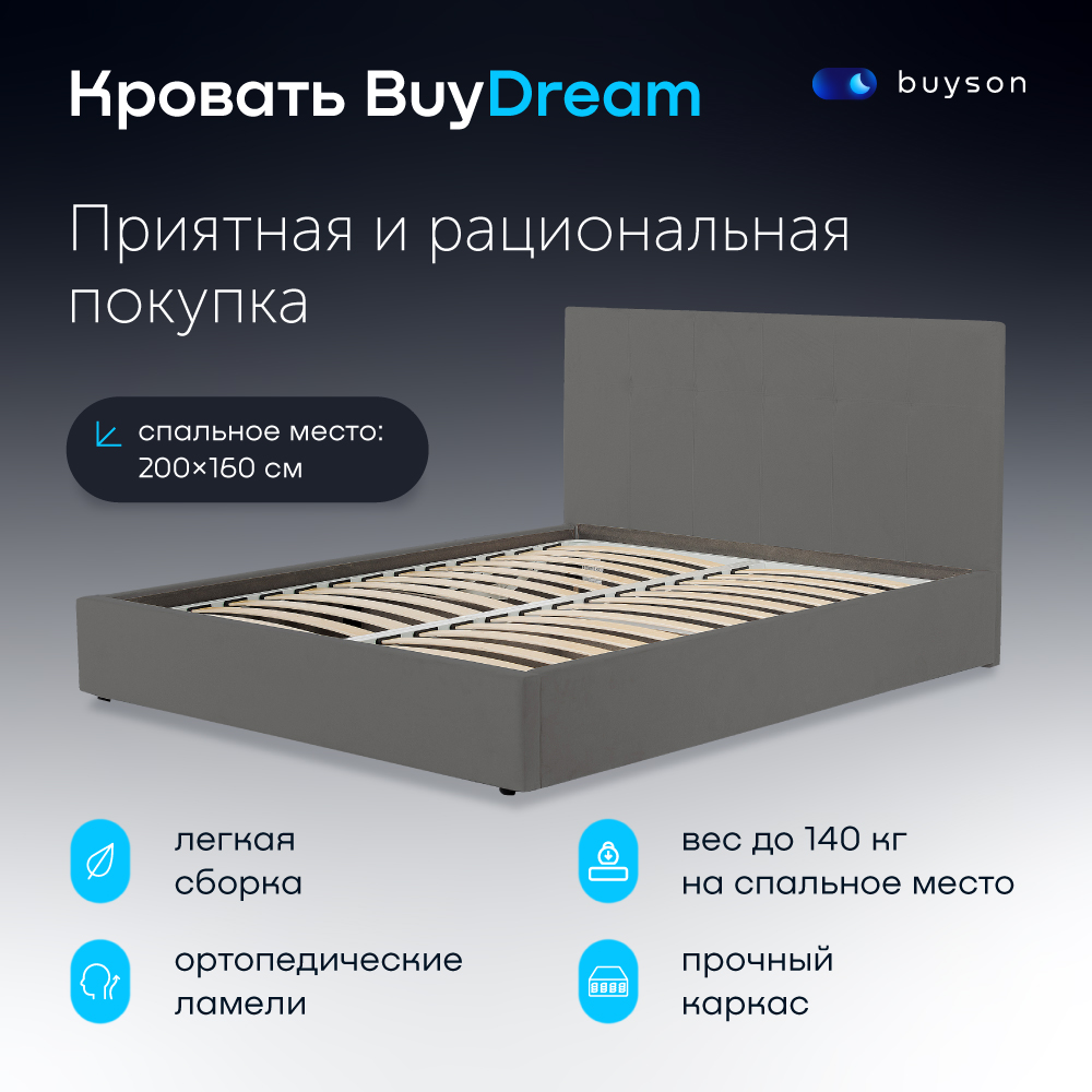 фото Двуспальная кровать buyson buydream 200х160, темно-серая, микровелюр