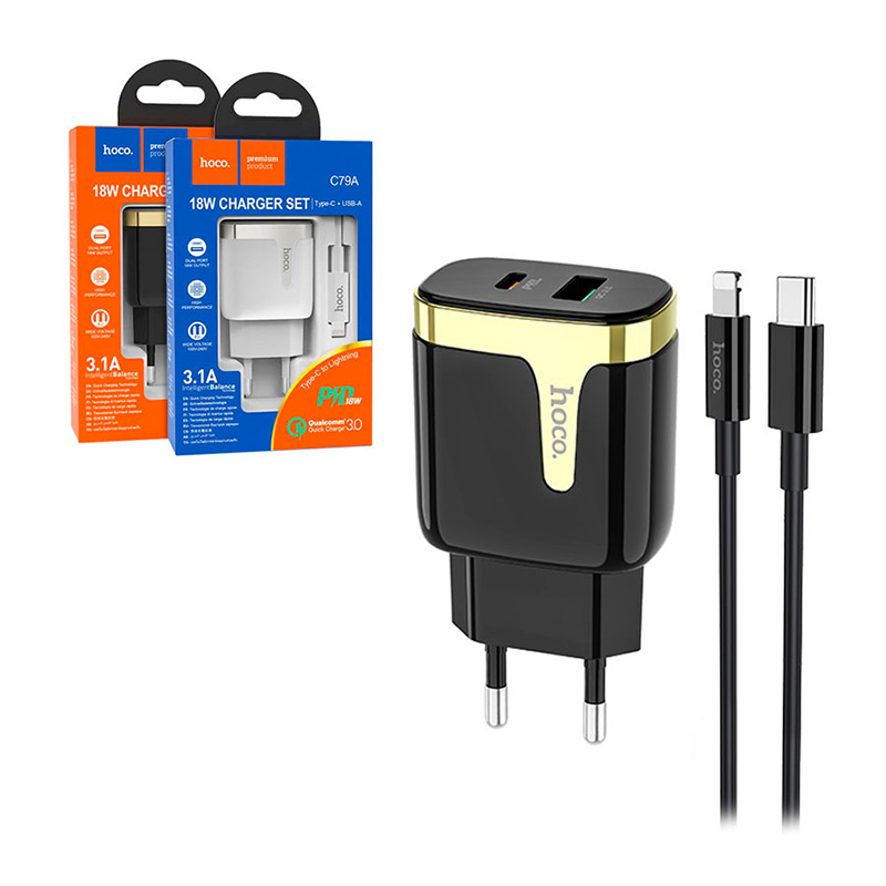 

Зарядное устройство USB/Type-C Hoco C79A (3А, QC3.0, PD, кабель Type-C-Lightning) (черное)