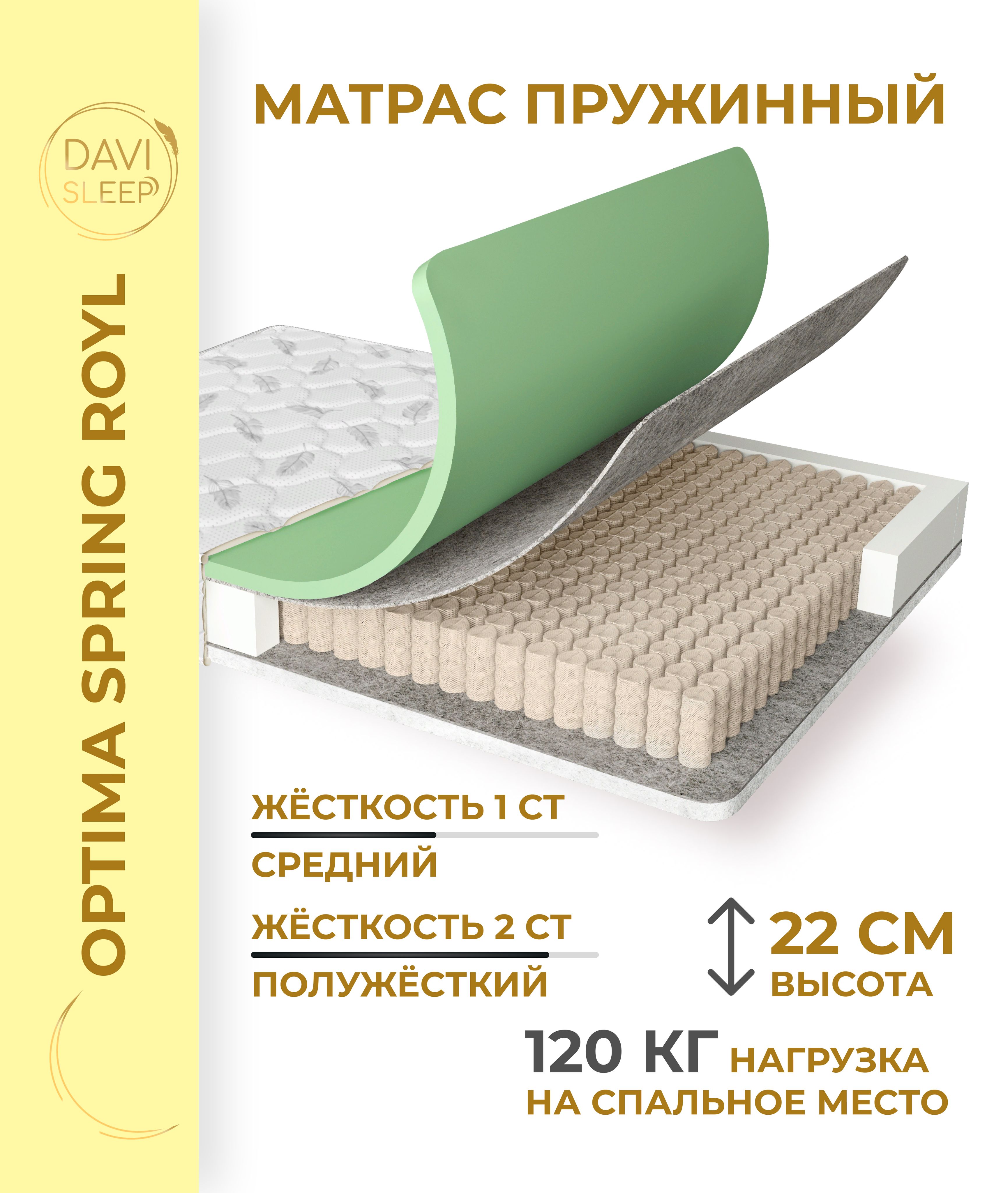 

Матрас пружинный DAVI SLEEP Optima SpringRoyl 100х190 анатомический, Белый, Optima SpringRoyl