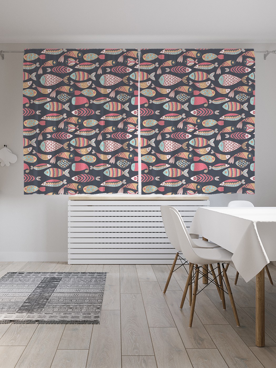 

Классические шторы JoyArty "Косяк орнаментальных рыб", Oxford DeLux, 2 полотна 145x180 см, Косяк орнаментальных рыб
