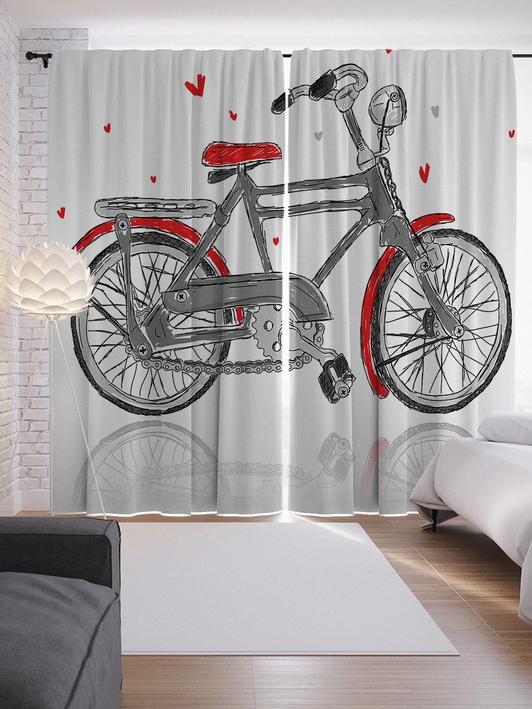 фото Шторы joyarty с фотопечатью "любовный велосипед" из сатена, 290х265 см