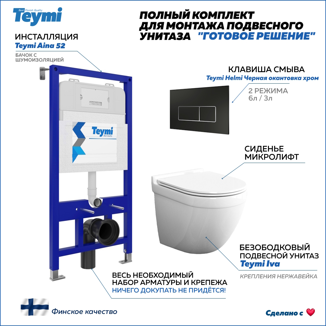 

Инсталляция с унитазом комплект 5 в 1 Teymi унитаз подвесной кнопка черная / хром F13309, Iva F13309