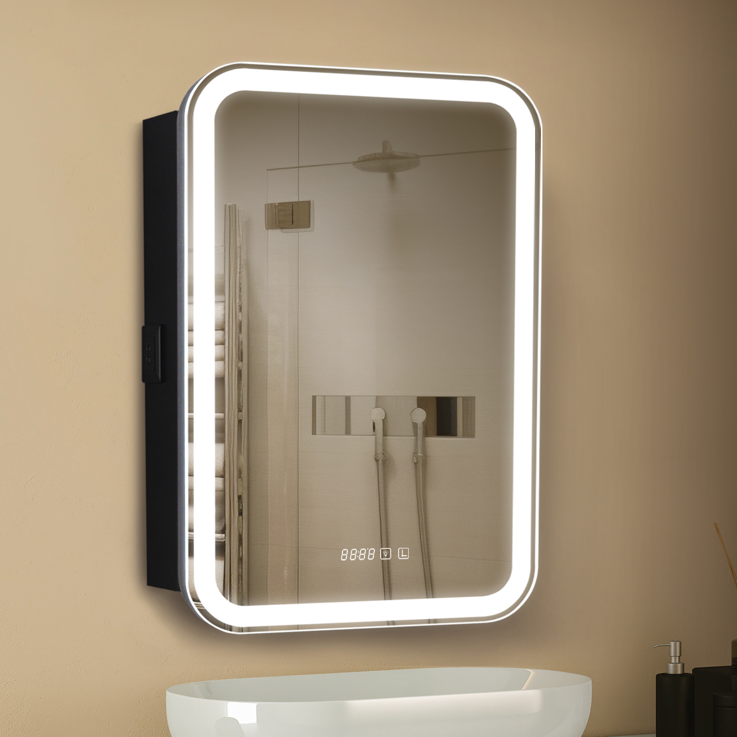 

Зеркало шкаф с подсветкой Silver Mirrors "Джерси-Black" 50х75 см, с часами, левый, черный