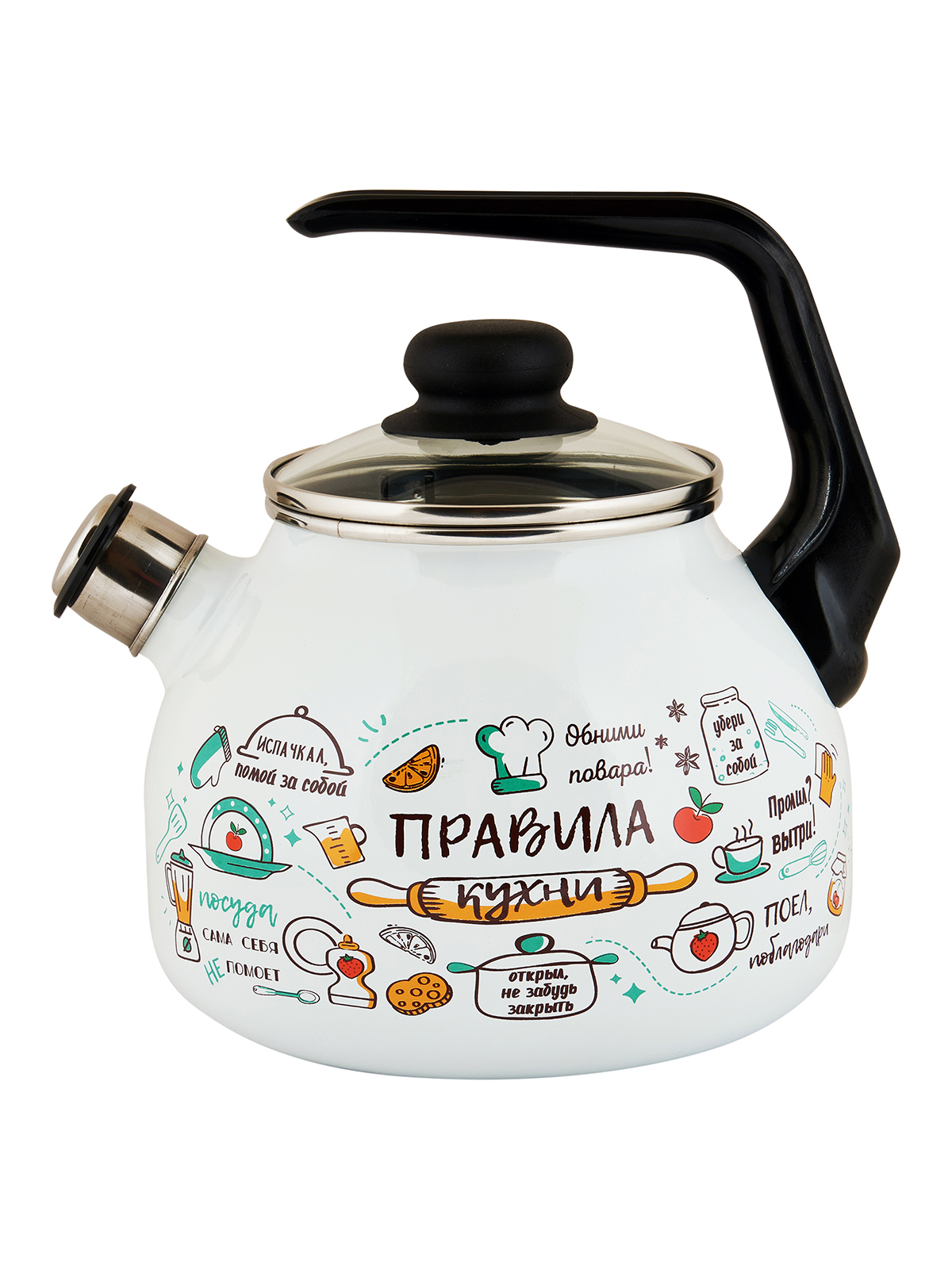 

Чайник для плиты со свистком Appetite Правила кухни эмалированный, 3 л, Белый