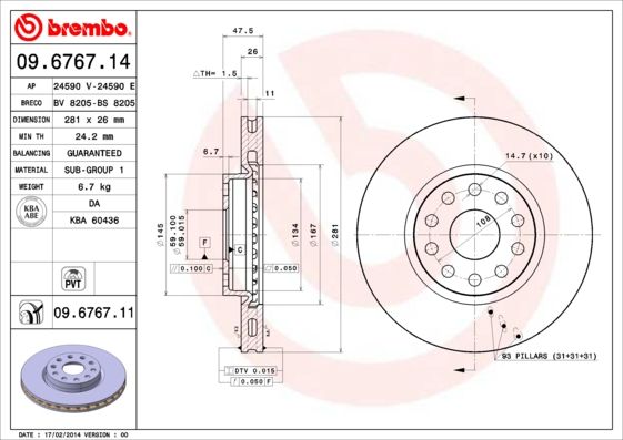 фото Тормозной диск brembo 09.6767.14