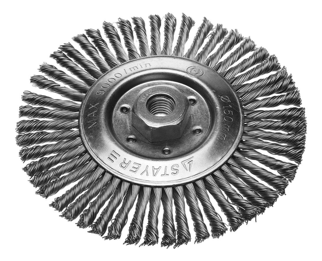 

Дисковая кордщетка для угловых шлифмашин Stayer 35192-150, Щетка Stayer дисковая для УШМ, сплет в пучки стальн зак провол 0,5мм, 150мм/М14