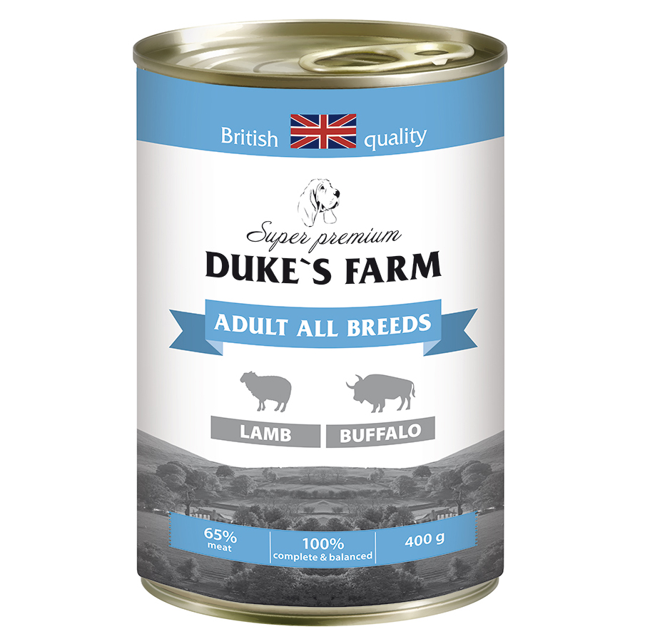 

Консервы для собак DUKE'S FARM, ягненок, буйвол, рис, шпинат, 400г, adult all breeds
